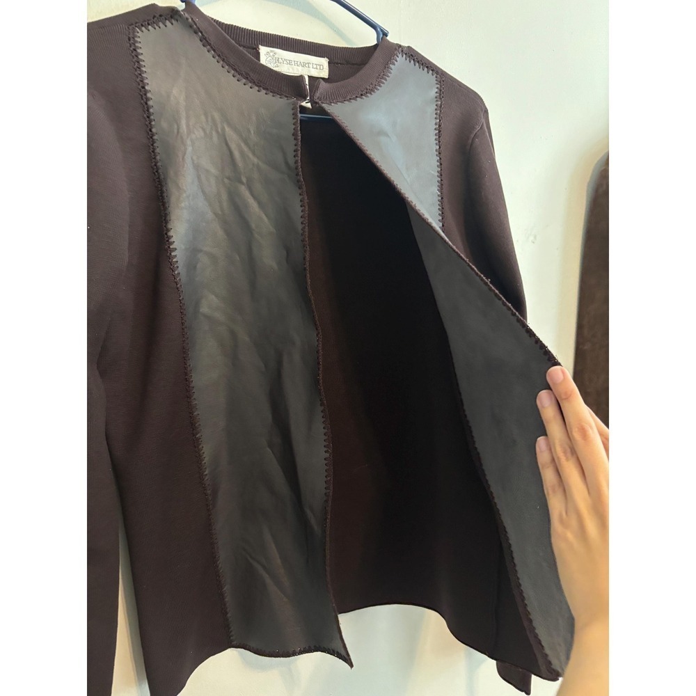 Y2K Preppy Leather Minimalist Silk Chocolate Brown Mocha Grunge Cardigan - Small - Picture 6 of 10
